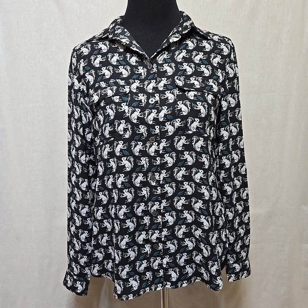 Loft Blouse Womens XSmall Black Button Up Squirrel Acorn Long Sleeve